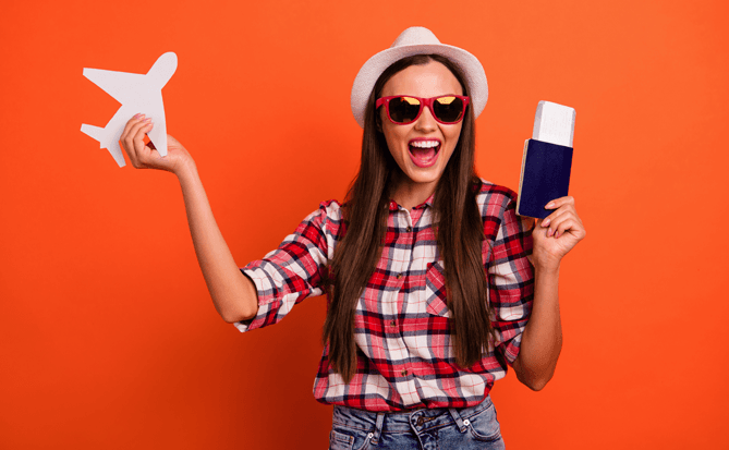 Woman traveler with passport and sunglasses ready for adventure